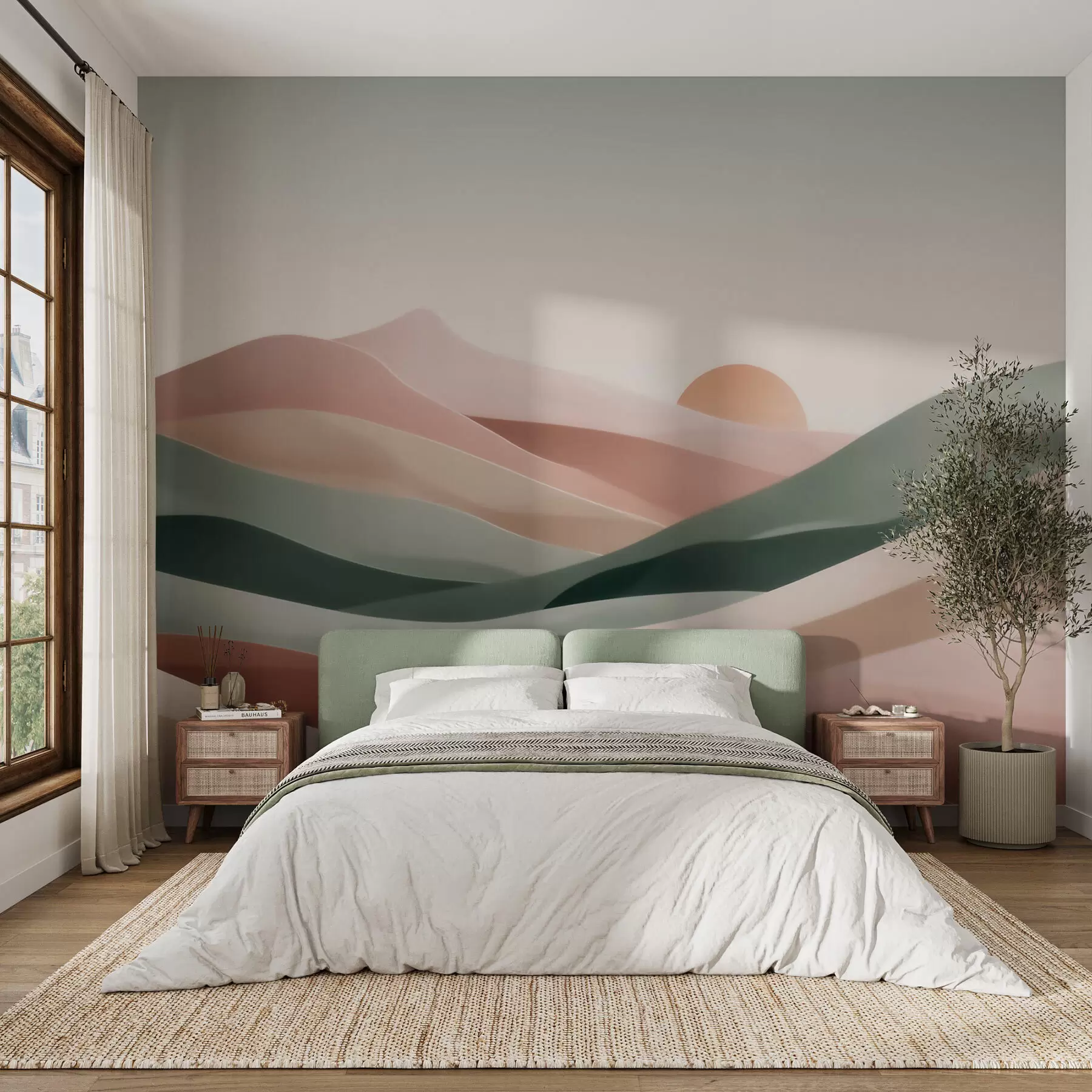 wall murals Апстрактни пустињски пејзаж у пастелно зелено-ружичастој палети, минимализам w09860
