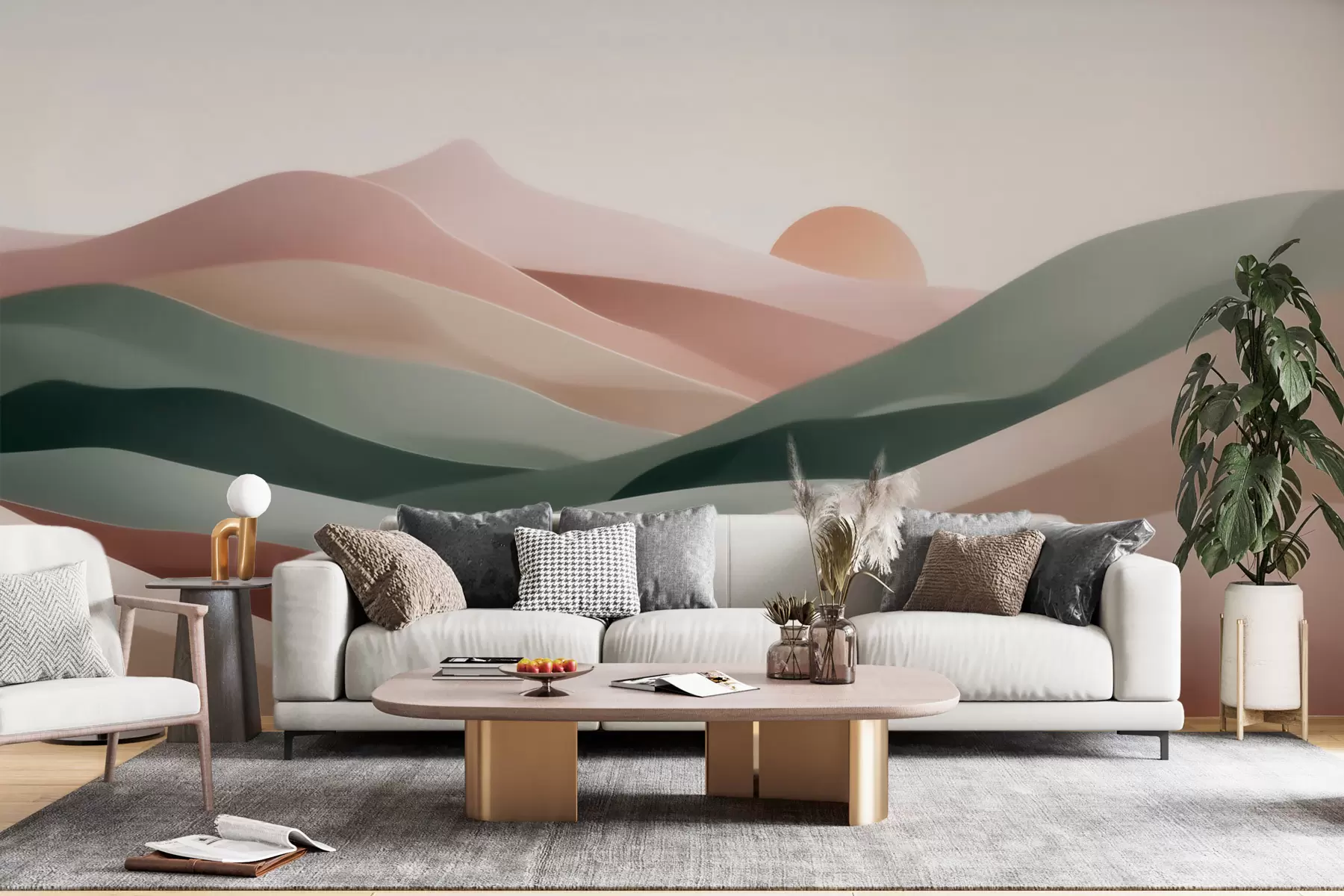 wall murals Апстрактни пустињски пејзаж у пастелно зелено-ружичастој палети, минимализам w09860