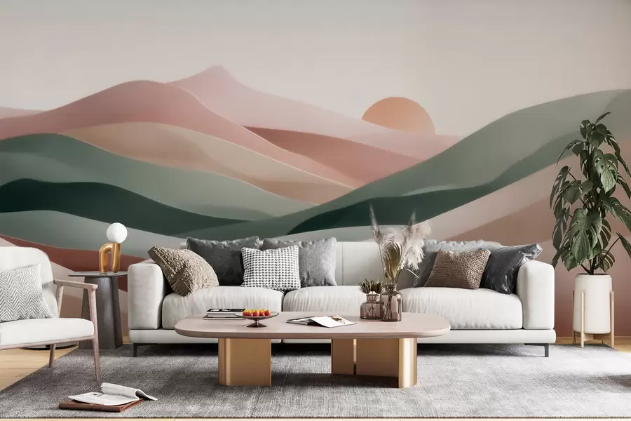 wall murals Апстрактни пустињски пејзаж у пастелно зелено-ружичастој палети, минимализам w09860