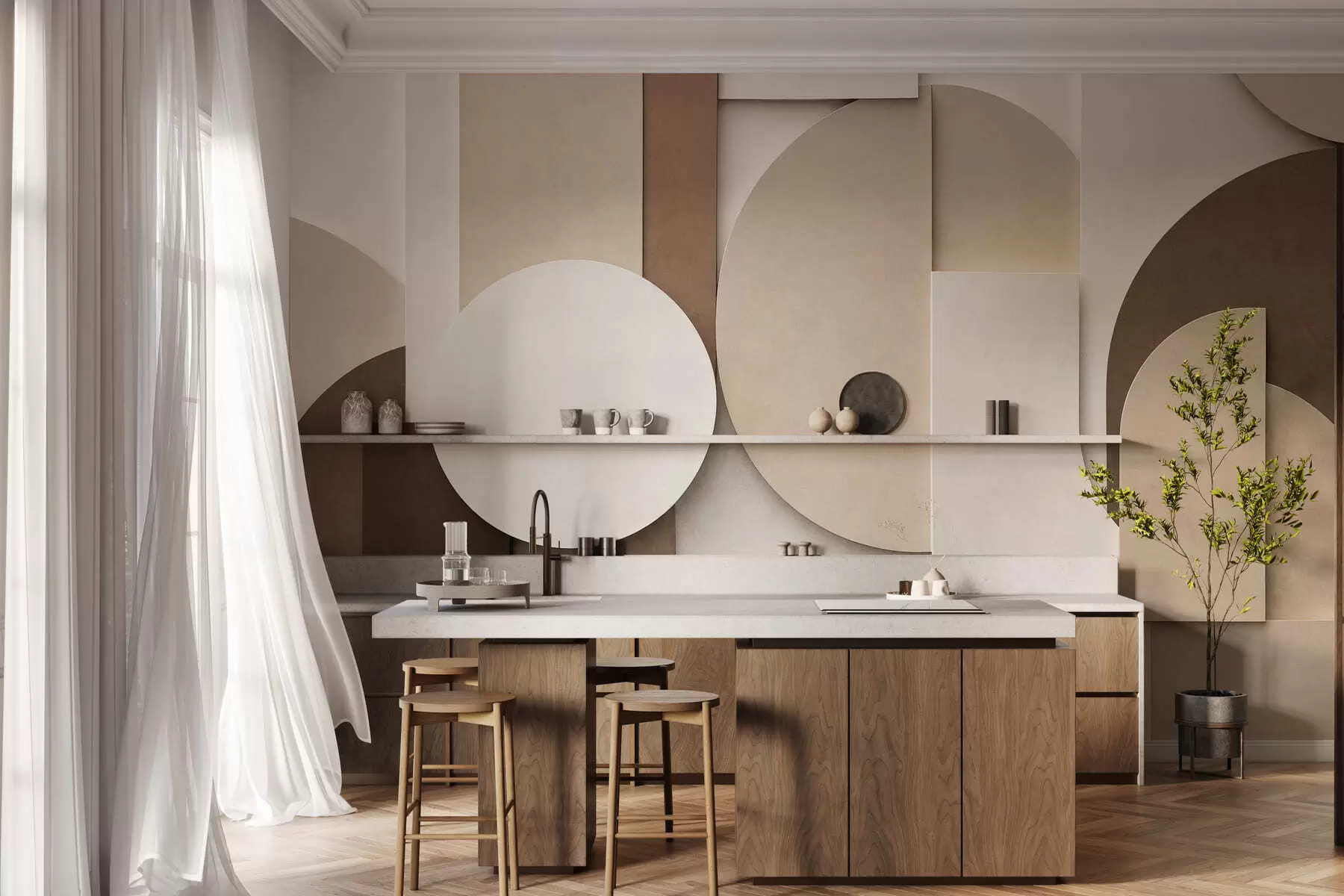 wall murals Текстурирани беж геометријски облици у слојевитој 3Д композицији, минималистичка модерна зидна уметност w05598