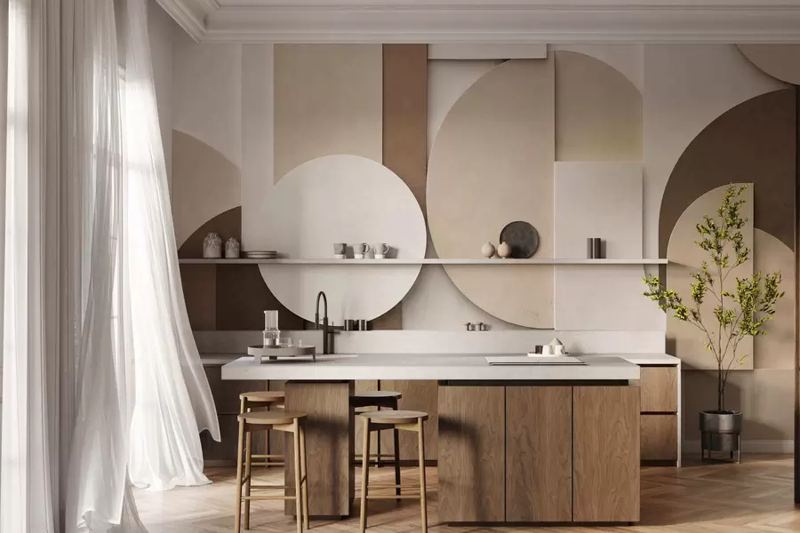 wall murals Текстурирани беж геометријски облици у слојевитој 3Д композицији, минималистичка модерна зидна уметност w05598