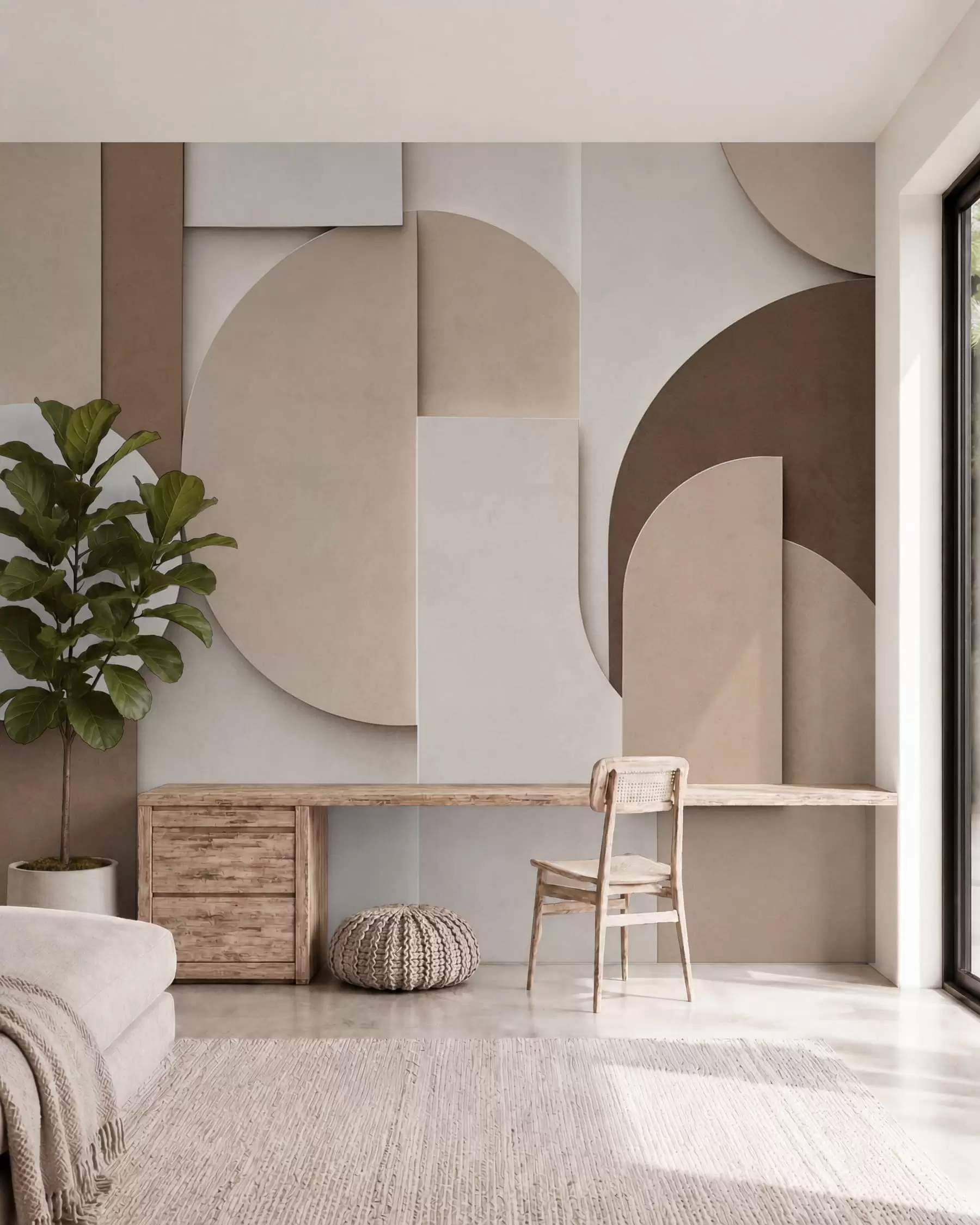 wall murals Текстурирани беж геометријски облици у слојевитој 3Д композицији, минималистичка модерна зидна уметност w05598
