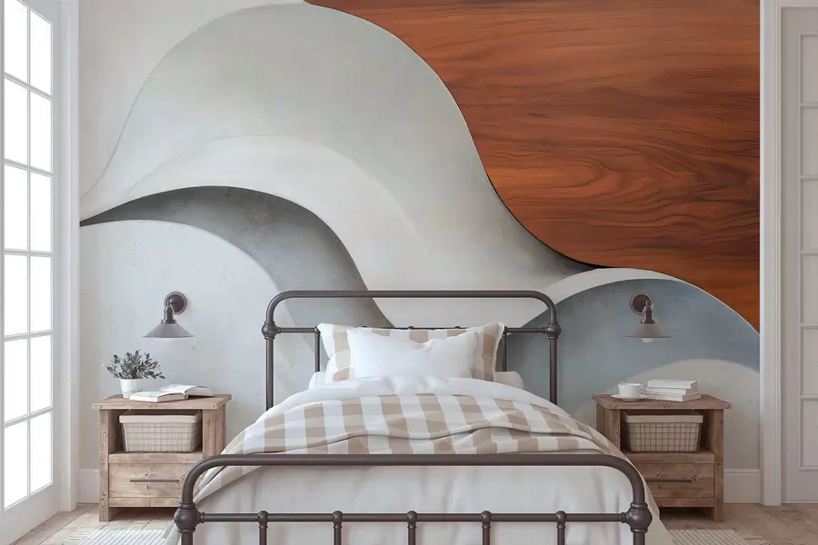 wall murals Течни апстрактни таласи са топлим дрвеним акцентима, минималистички савремени дизајн w05599