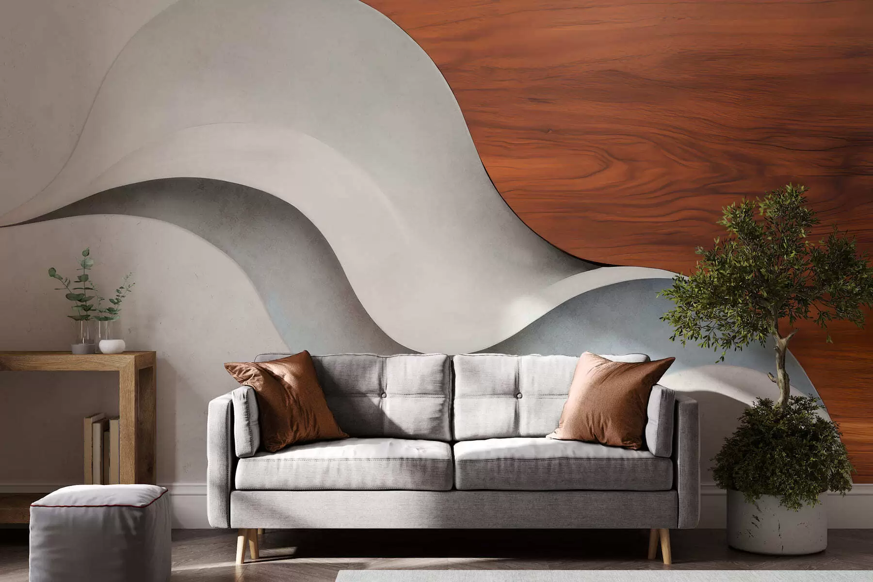 wall murals Течни апстрактни таласи са топлим дрвеним акцентима, минималистички савремени дизајн w05599