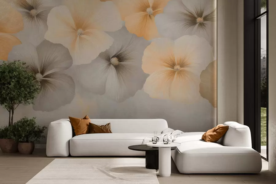 wall murals Нежно пастелно цвеће са кремастим жутим и сивим тоновима на нежној позадини w05600
