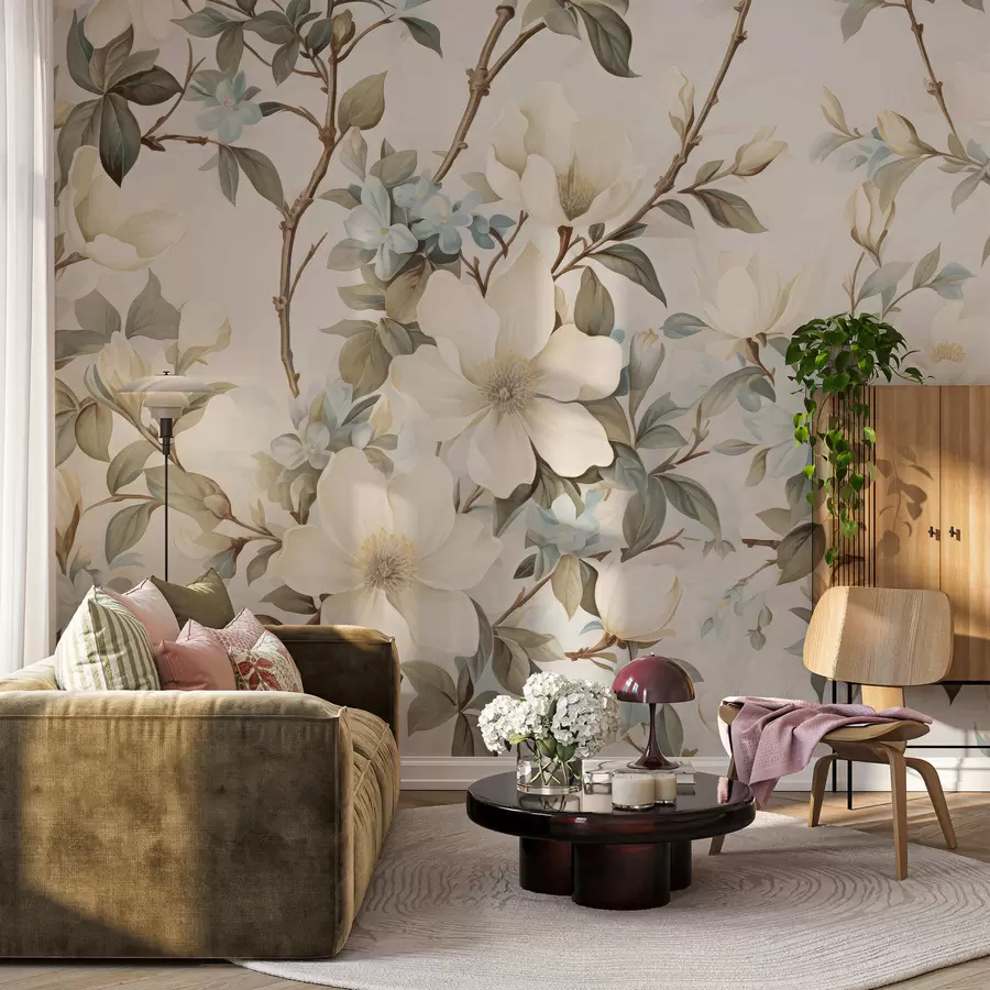 wall murals Нежно цвеће и меко зелено лишће у сликарском винтаге стилу са суптилним потезима четкице w05601