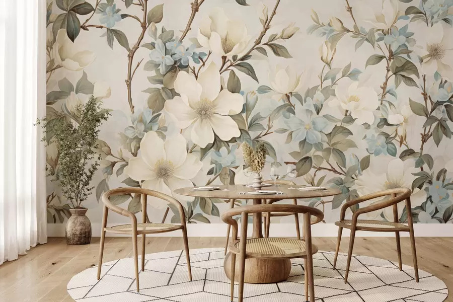wall murals Нежно цвеће и меко зелено лишће у сликарском винтаге стилу са суптилним потезима четкице w05601