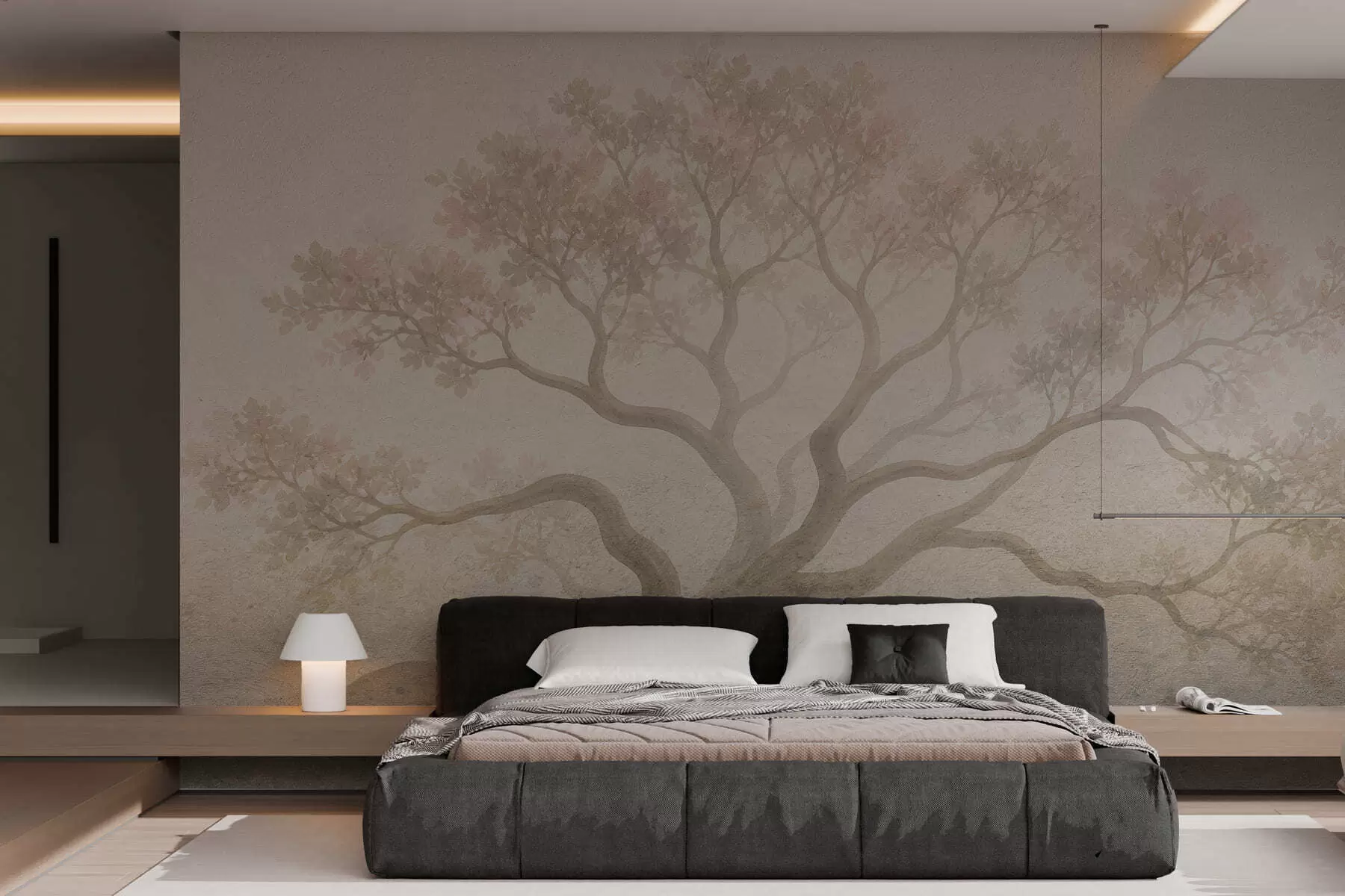 wall murals Минималистички магловити пејзаж дрвећа у меким беж тоновима, сањива атмосферска уметност w05602