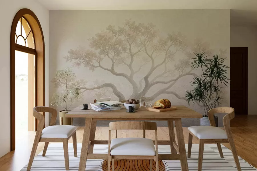 wall murals Минималистички магловити пејзаж дрвећа у меким беж тоновима, сањива атмосферска уметност w05602