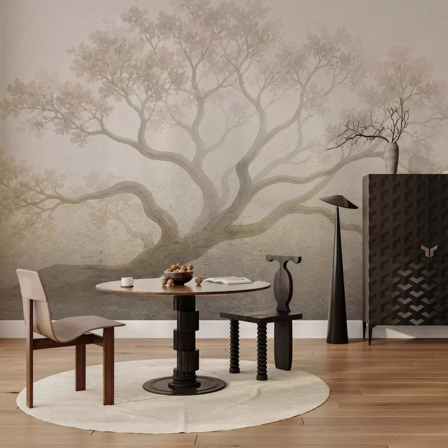 wall murals Минималистички магловити пејзаж дрвећа у меким беж тоновима, сањива атмосферска уметност w05602