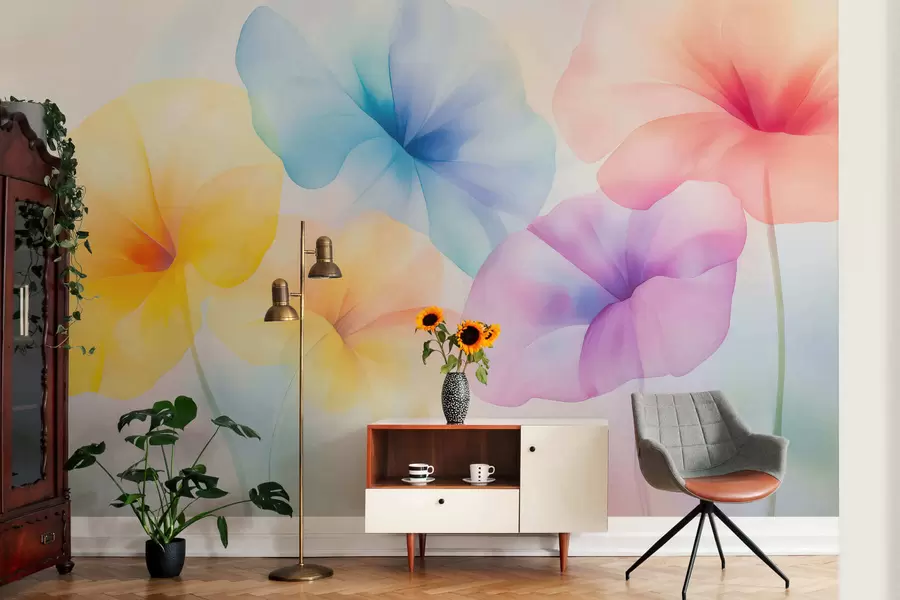 wall murals Шарено провидно цвеће у меким пастелним нијансама са сањивим ефектом акварела w05607