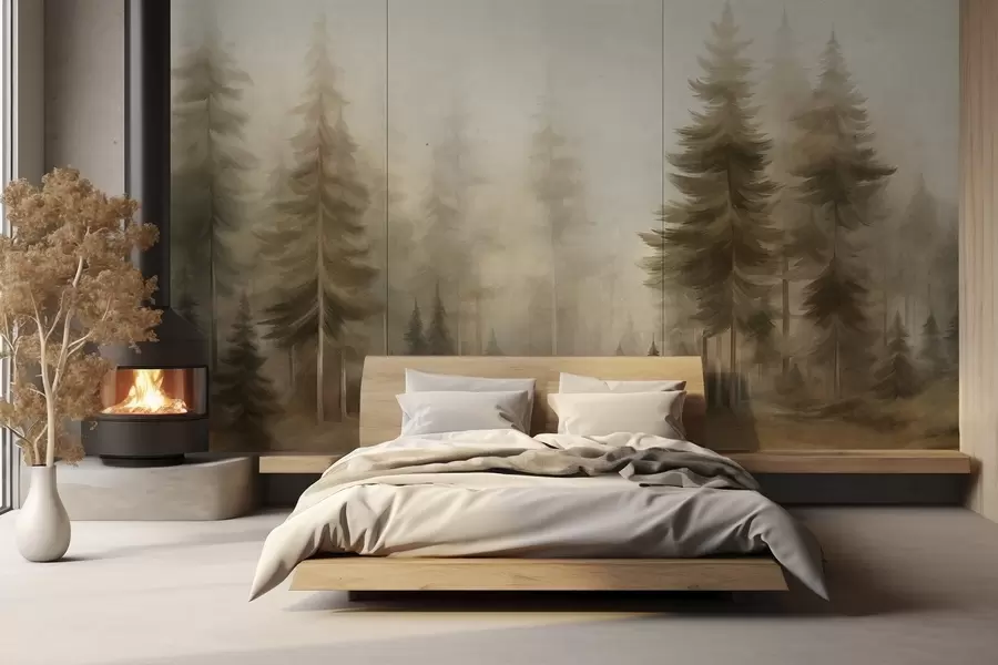wall murals Густа шума са високим боровима у лаганој магли, текстурирана пејзажна уметност w09830