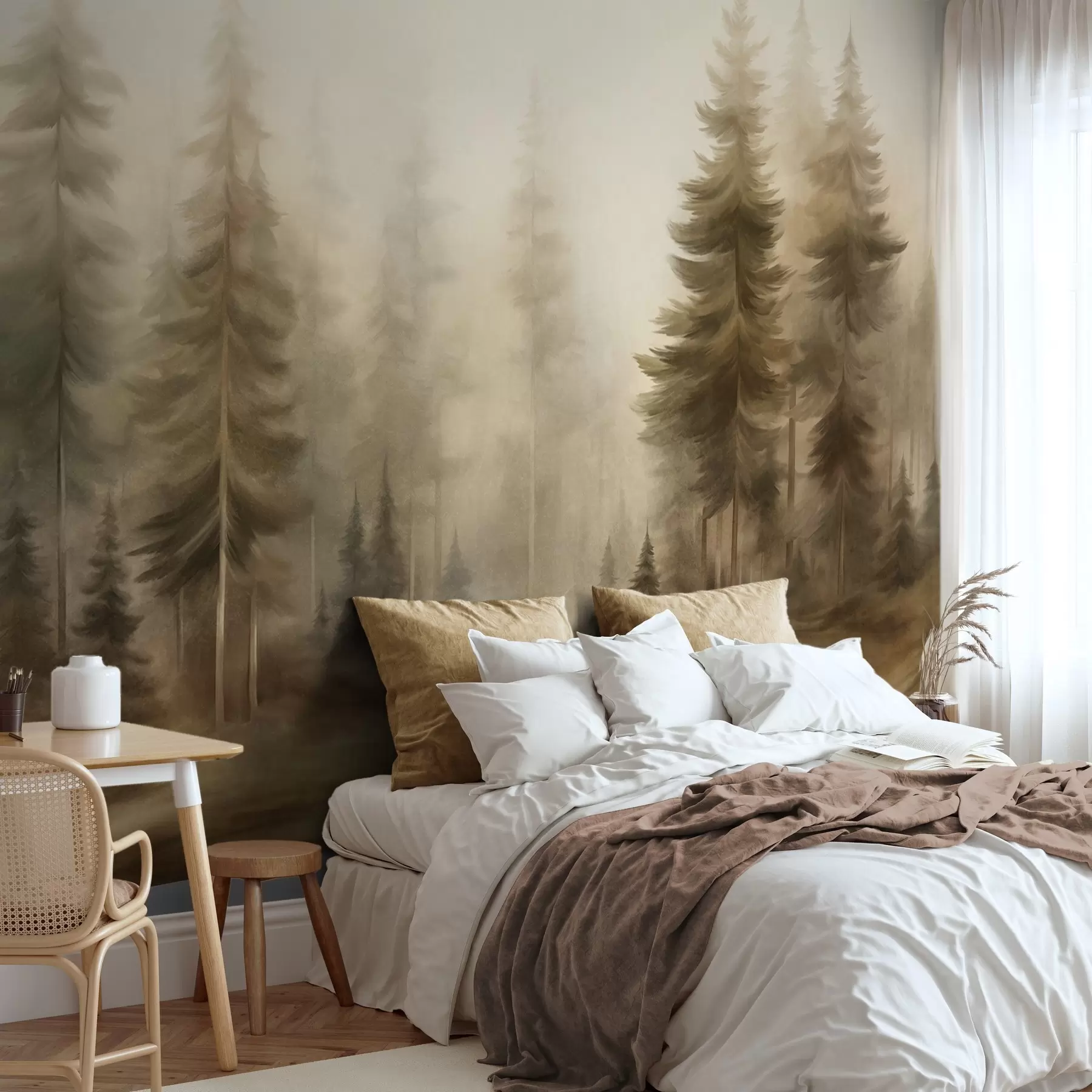 wall murals Густа шума са високим боровима у лаганој магли, текстурирана пејзажна уметност w09830