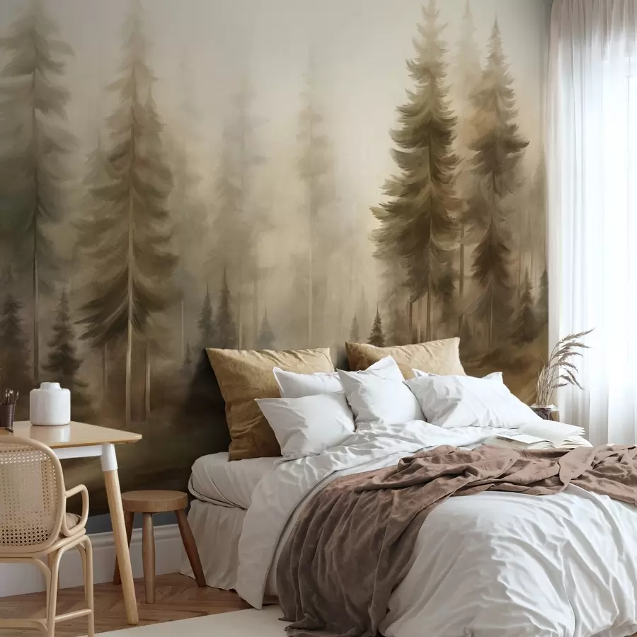 wall murals Густа шума са високим боровима у лаганој магли, текстурирана пејзажна уметност w09830