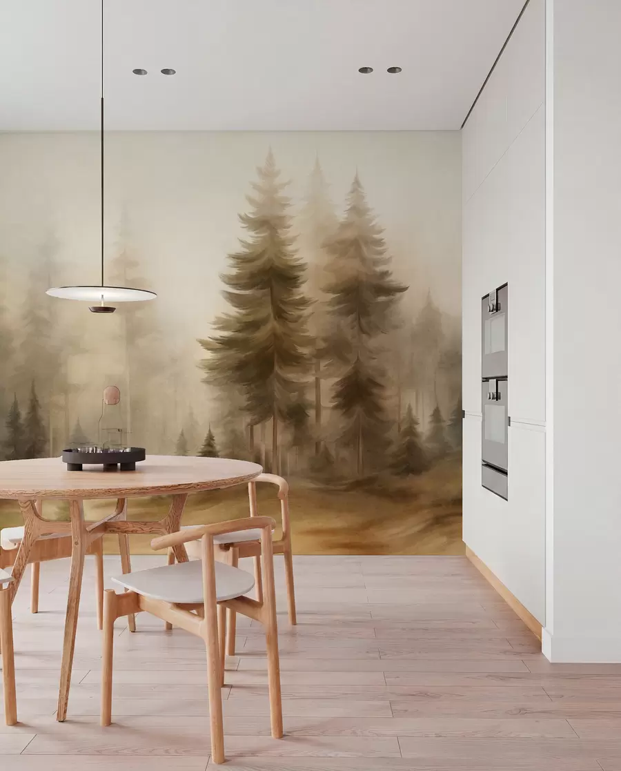 wall murals Густа шума са високим боровима у лаганој магли, текстурирана пејзажна уметност w09830