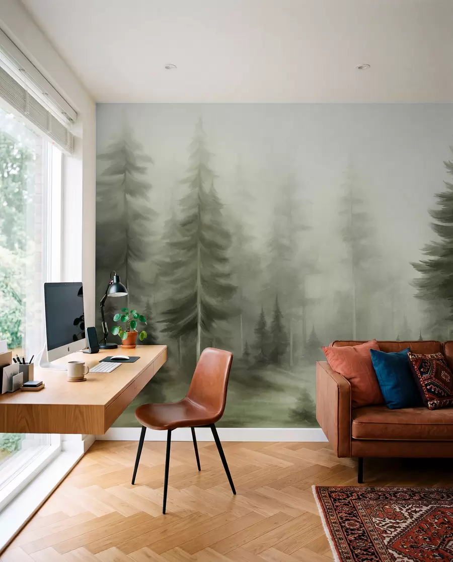 wall murals Густа шума са високим боровима у лаганој магли, текстурирана пејзажна уметност w09830v1
