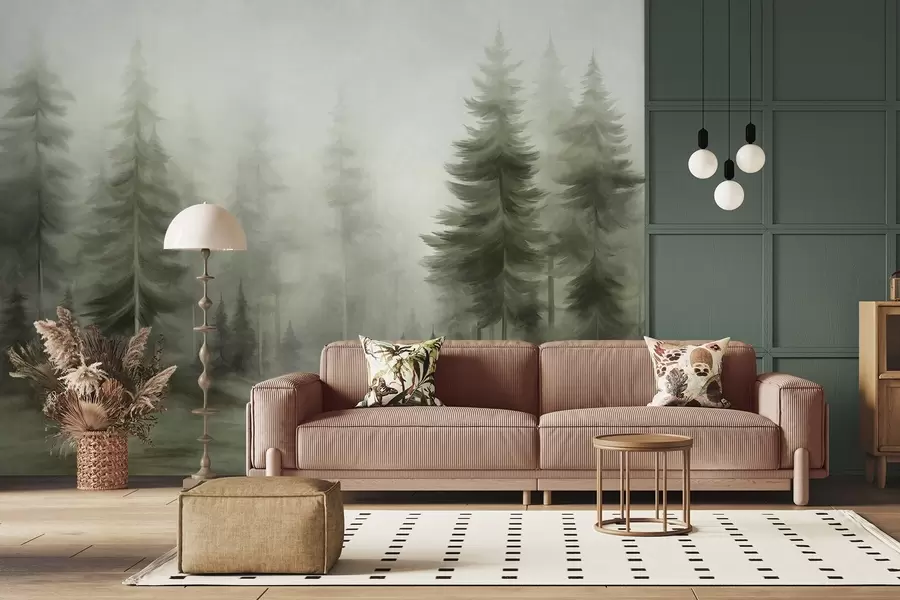wall murals Густа шума са високим боровима у лаганој магли, текстурирана пејзажна уметност w09830v1