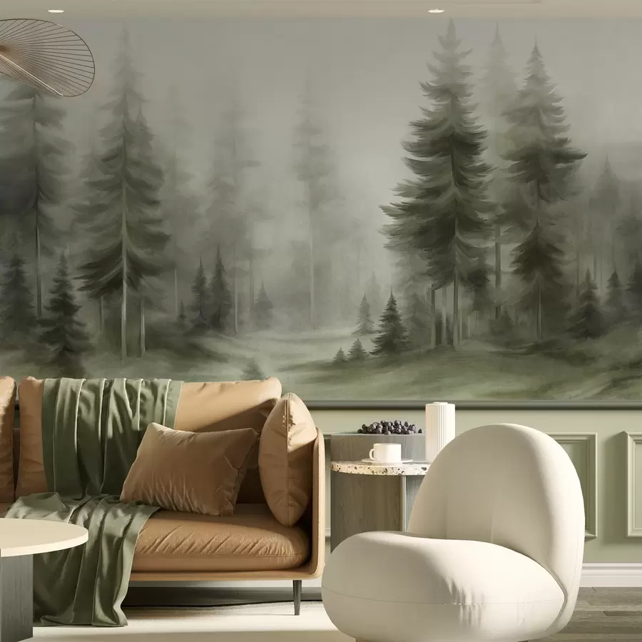 wall murals Густа шума са високим боровима у лаганој магли, текстурирана пејзажна уметност w09830v1