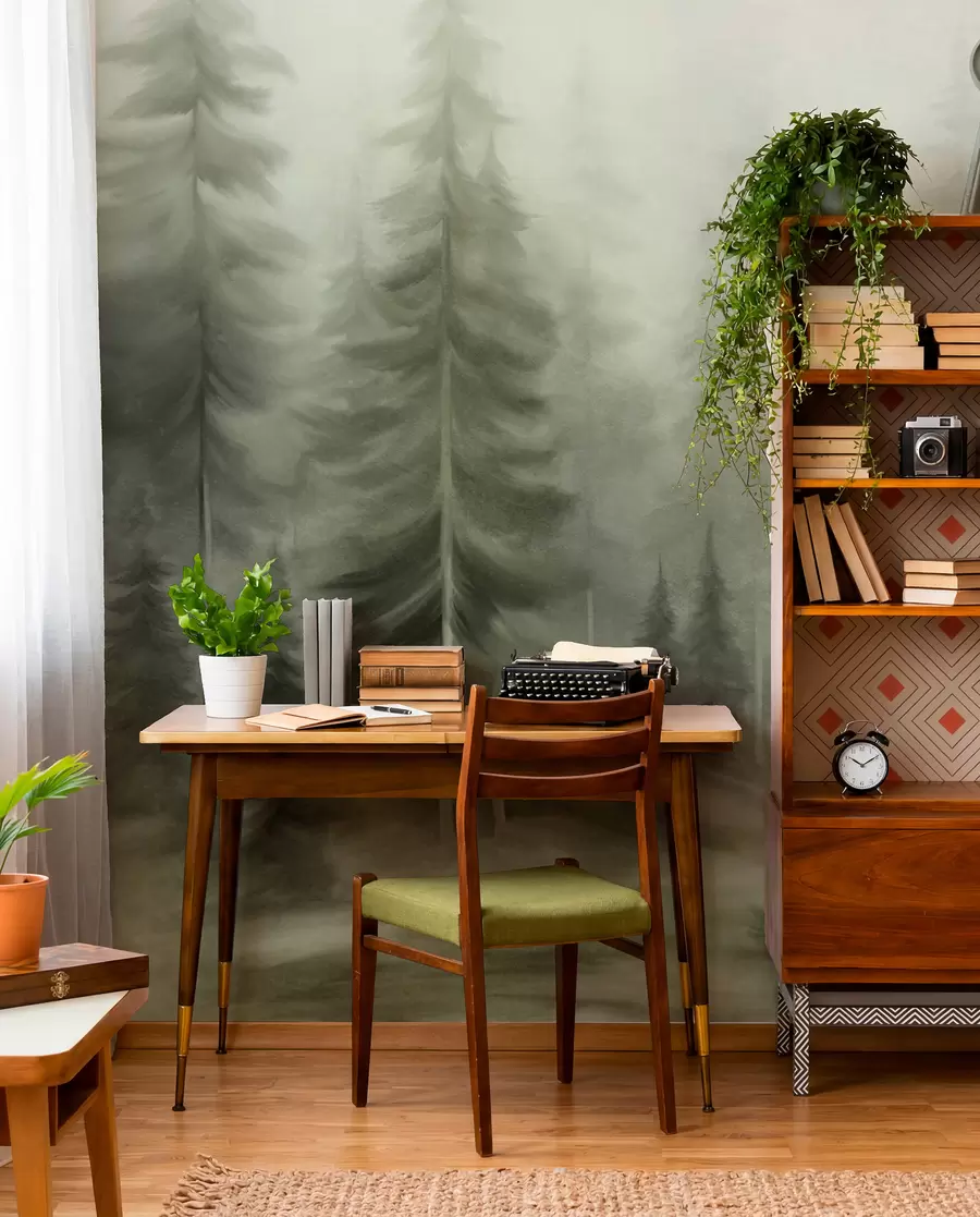 wall murals Густа шума са високим боровима у лаганој магли, текстурирана пејзажна уметност w09830v1