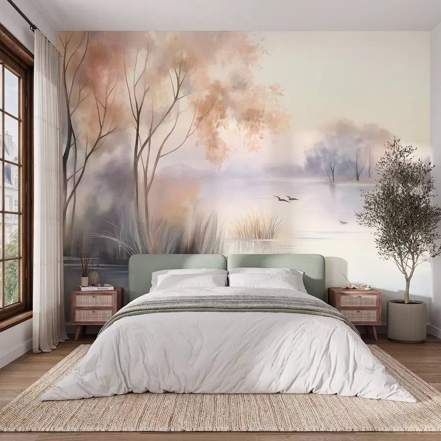 wall murals Пејзаж, магловито језеро са дрвећем и трском, птице у лету, текстурирани стил акварела w09866