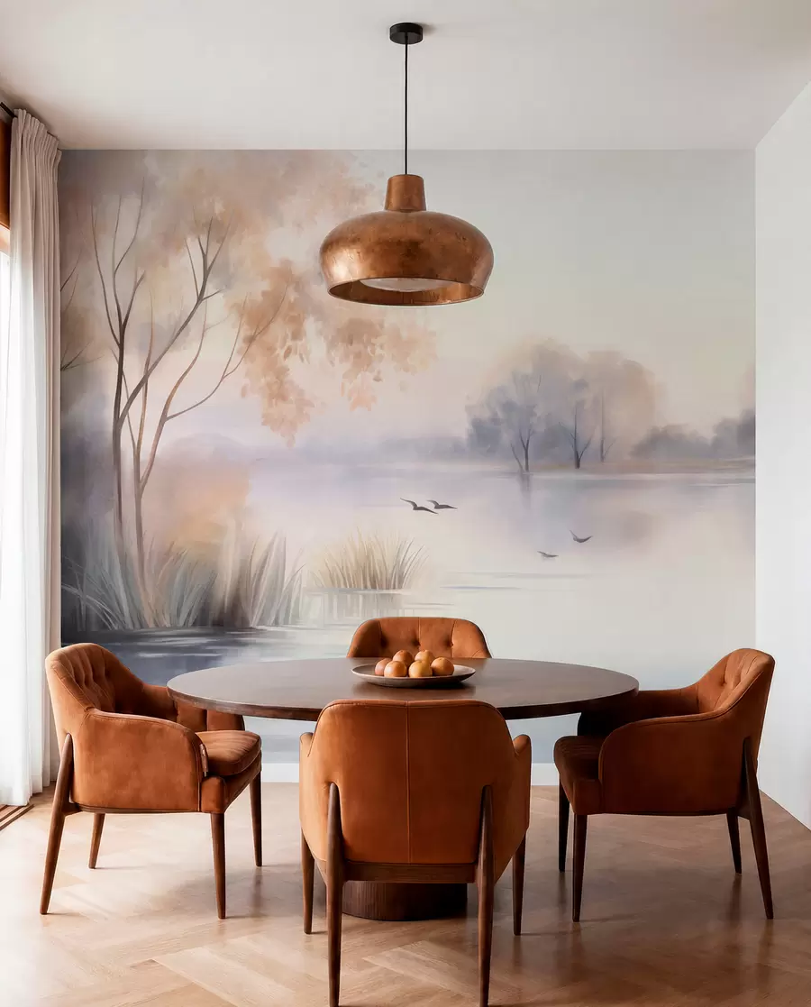 wall murals Пејзаж, магловито језеро са дрвећем и трском, птице у лету, текстурирани стил акварела w09866