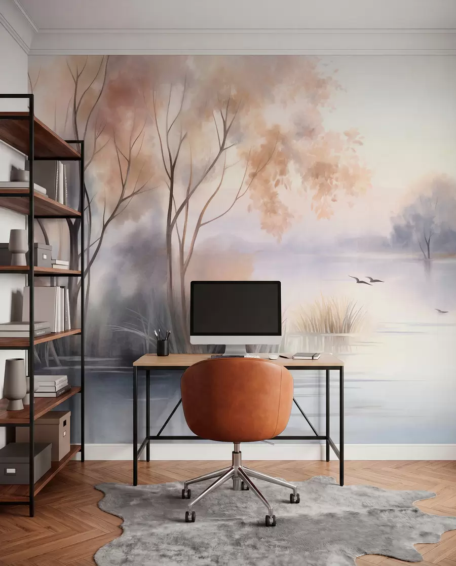 wall murals Пејзаж, магловито језеро са дрвећем и трском, птице у лету, текстурирани стил акварела w09866
