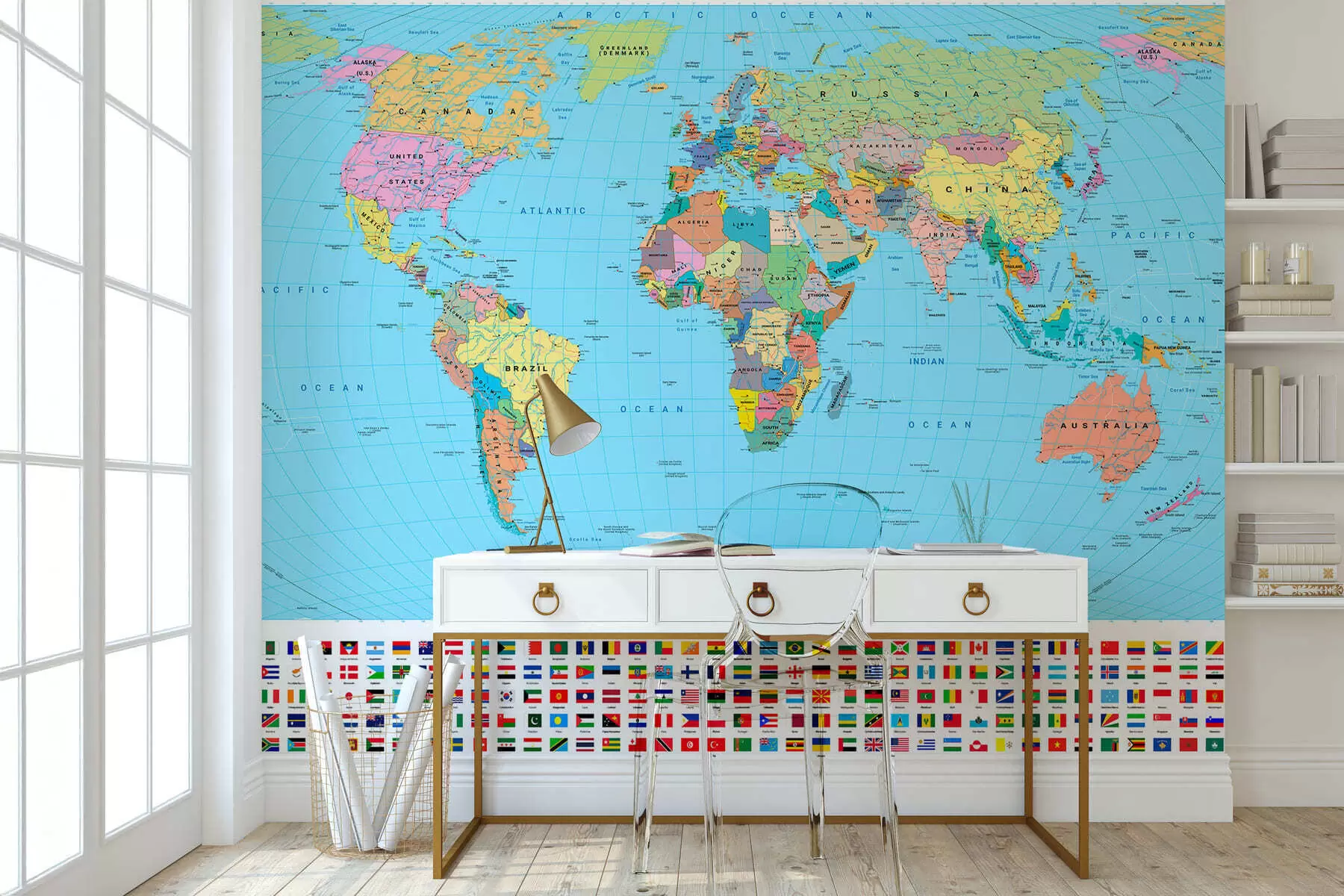 wall murals Политичка мапа света у боји са заставама, на енглеском језику c00004en