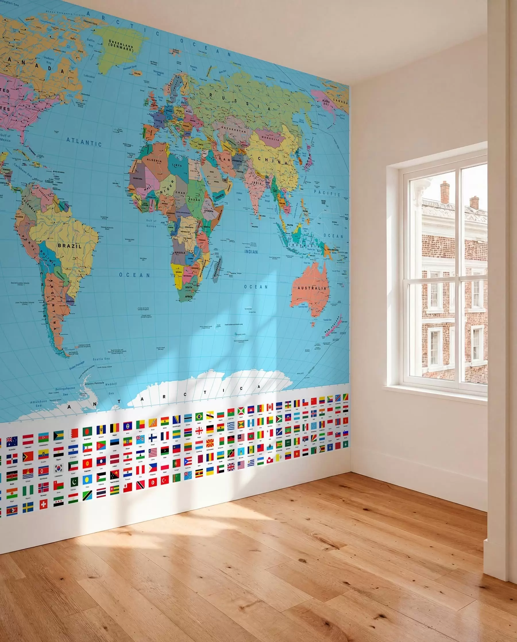 wall murals Политичка мапа света у боји са заставама, на енглеском језику c00004en
