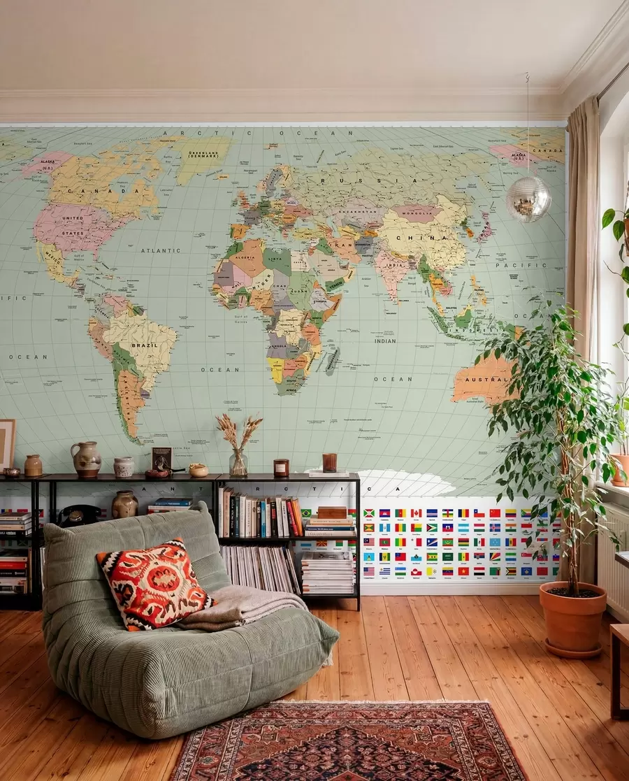 wall murals Маслинасто обојена политичка мапа света са заставама, на енглеском језику c00004env1