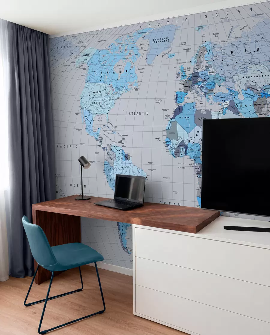 wall murals Политичка мапа света са заставама у нијансама плаве, на енглеском језику c00004env3