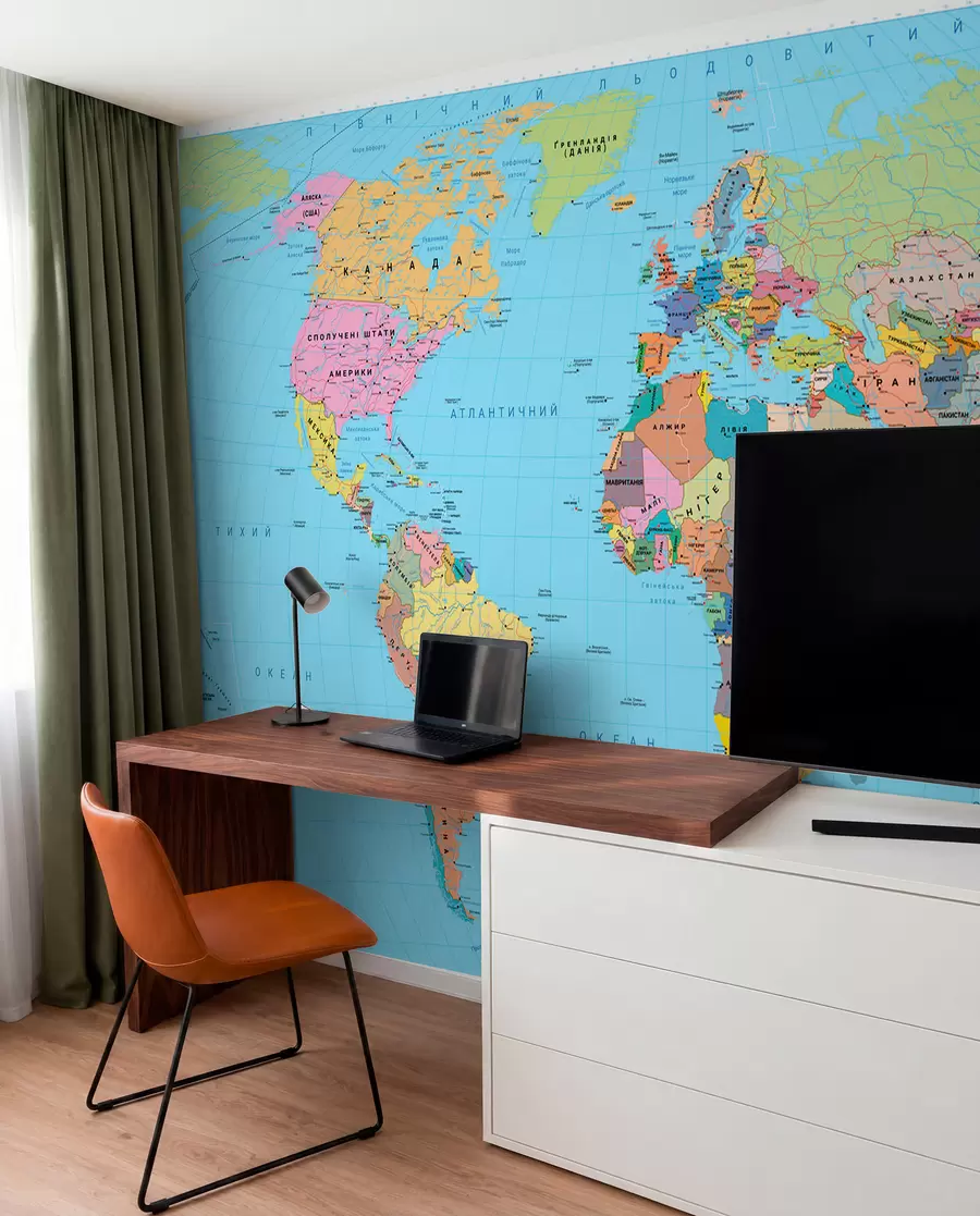 wall murals Маслинасто обојена политичка мапа света са заставама, на украјинском језику c00004uk