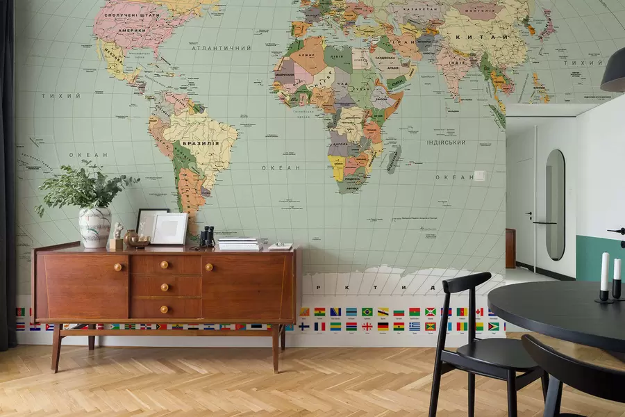 wall murals Политичка мапа света у боји са заставама, на украјинском језику c00004ukv1