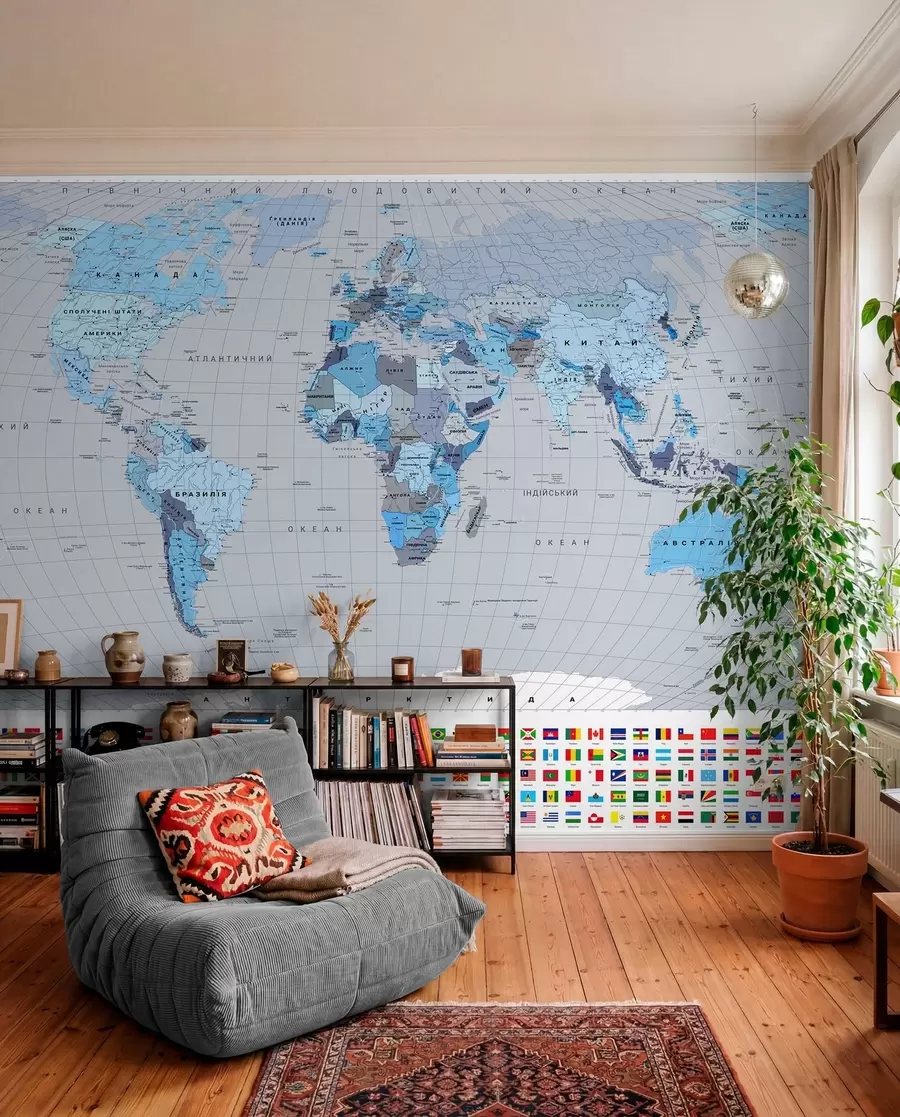 wall murals Политичка мапа света са заставама у нијансама плаве, на украјинском језику c00004ukv3