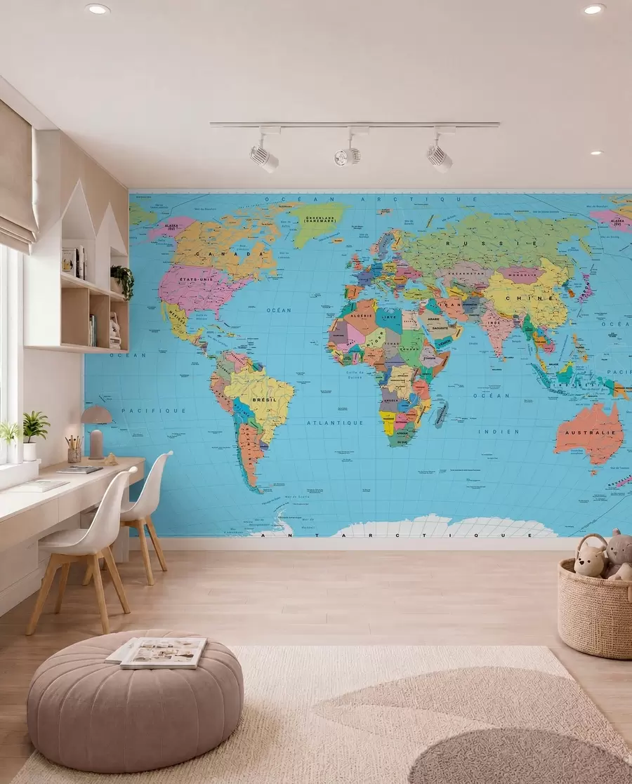 wall murals Маслинасто обојена политичка мапа света са заставама, на француском језику c00004fr