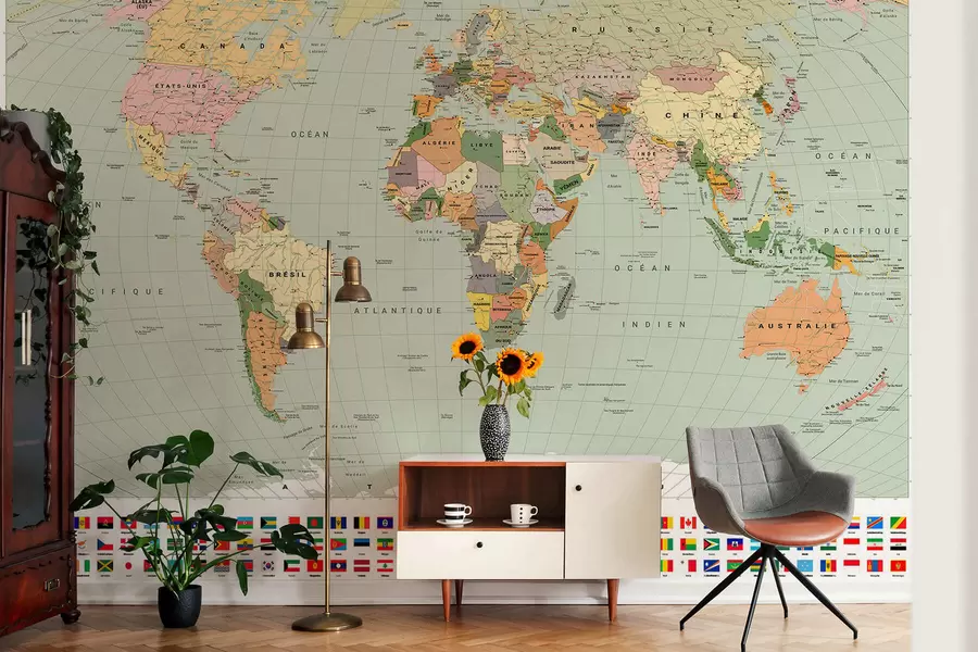 wall murals Политичка мапа света у боји са заставама, на француском c00004frv1