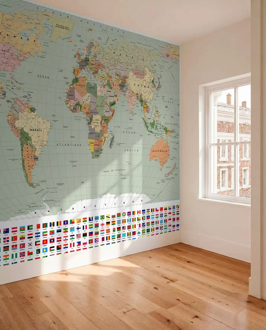 wall murals Политичка мапа света у боји са заставама, на француском c00004frv1