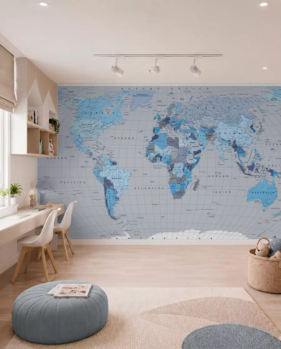 wall murals Политичка мапа света са заставама у нијансама плаве. На шпанском c00004esv3