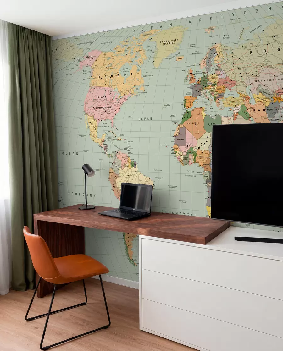 wall murals Политичка мапа света у боји са заставама на пољском језику c00004plv1