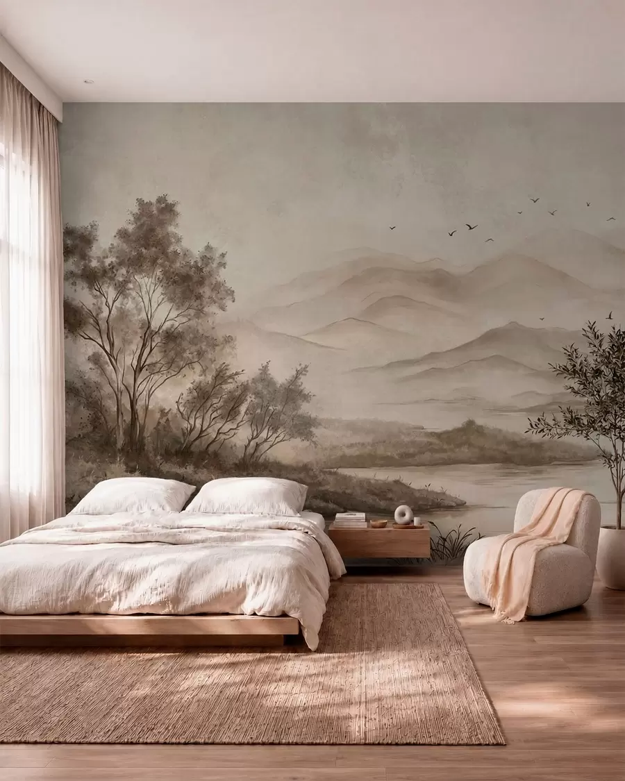 wall murals Ptice nad brdima u sepiji w05535