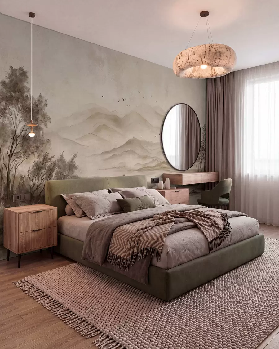 wall murals Магловити планински пејзаж са реком и птицама w05535