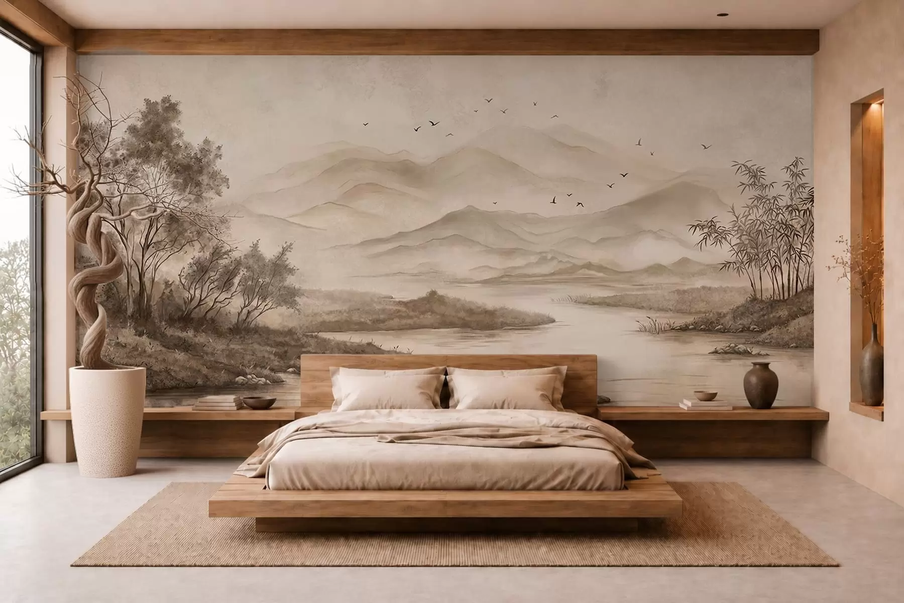 wall murals Магловити планински пејзаж са реком и птицама w05535