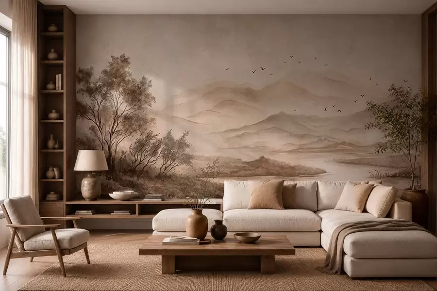 wall murals Магловити планински пејзаж са реком и птицама w05535