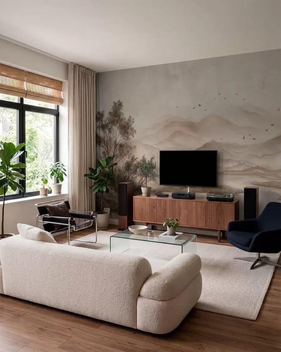 wall murals Магловити планински пејзаж са реком и птицама w05535