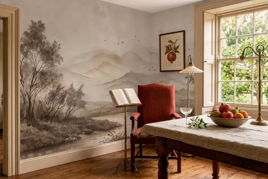 wall murals Магловити планински пејзаж са реком и птицама w05535