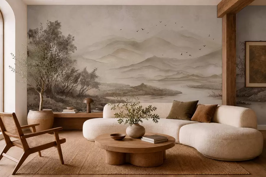 wall murals Магловити планински пејзаж са реком и птицама w05535