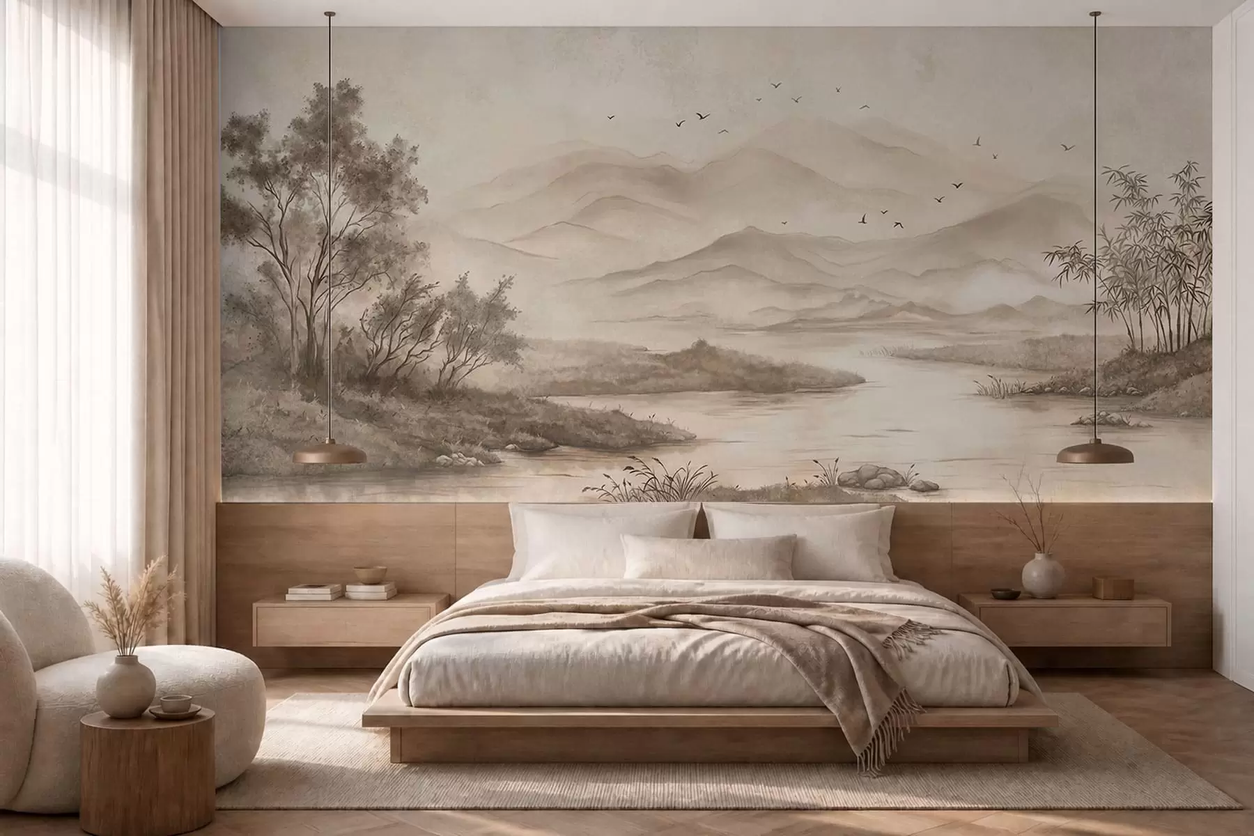 wall murals Мирни пејзаж са реком и далеким планинама w05535v1
