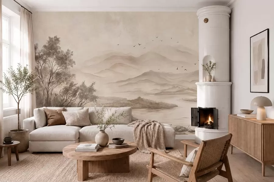 wall murals Мирни пејзаж са реком и далеким планинама w05535v1