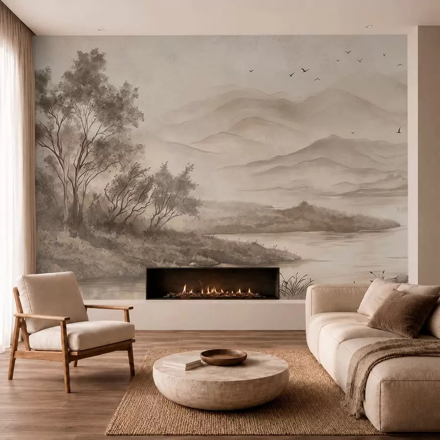 wall murals Мирни пејзаж са реком и далеким планинама w05535v1