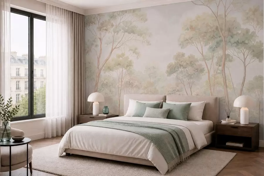 wall murals Светли шумски пејзаж са високим дрвећем w05624