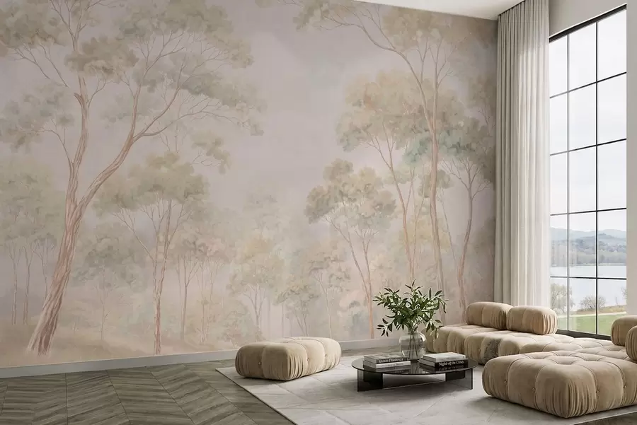 wall murals Светли шумски пејзаж са високим дрвећем w05624